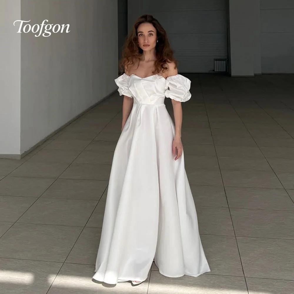

Toofan Элегантные атласные свадебные платья трапециевидной формы с короткими пышными рукавами и платьем невесты по индивидуальному заказу с корсетом сзади Пляжные свадебные платья