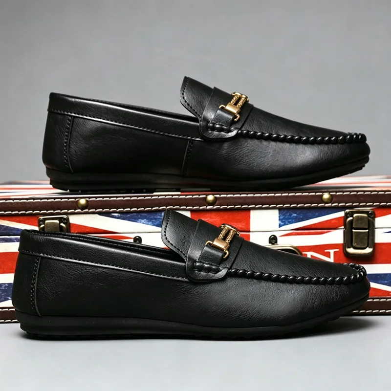 Spring and summer leisure fashion bean shoes leatherette horse buckle shoes comfortable trend work shoes black brown two-color