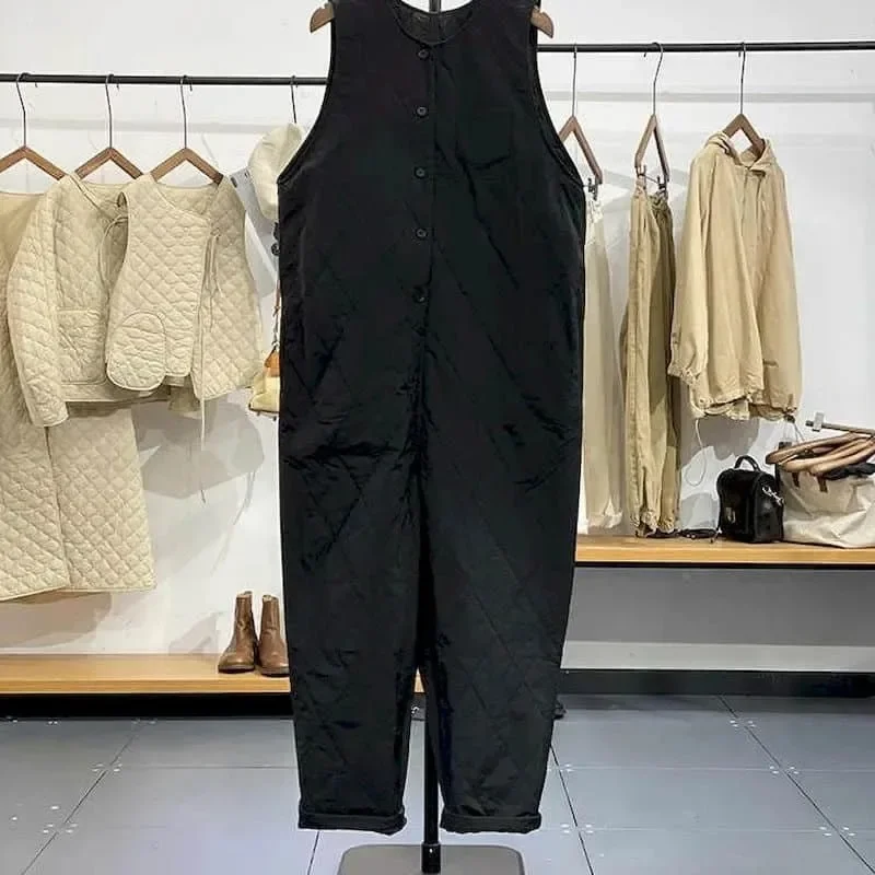 Women Solid Rhombic Jumpsuits Warm Thick Straight Pants One Piece Outfit Women Rompes Plush Loose Workwear Vintage Overalls