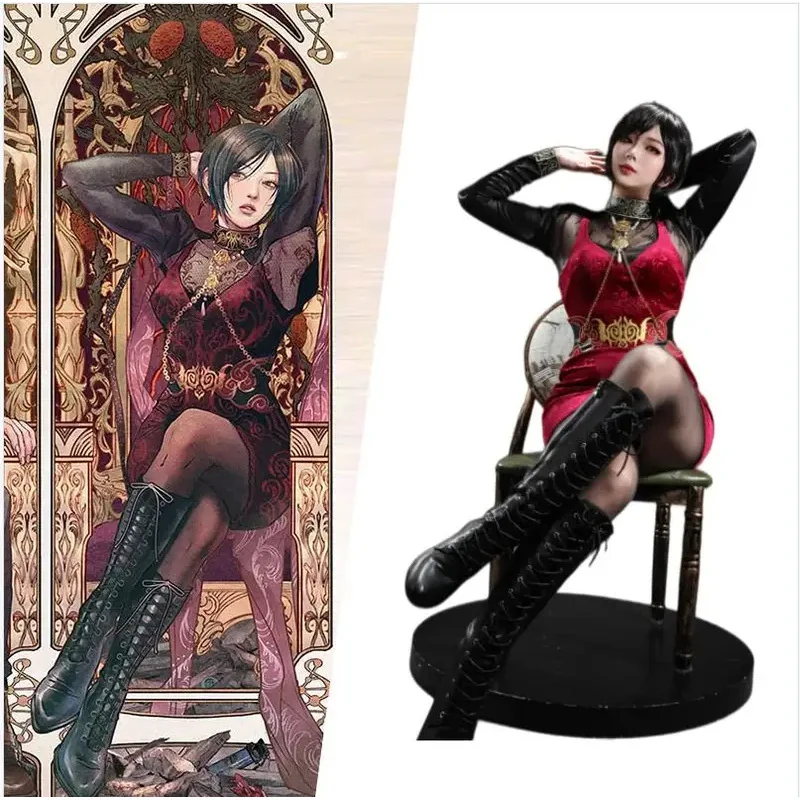 

Euro 7 Cos Female Resident 4 Ada Wong 30th Cosplay Costume Red Velvet Dress Set with Necklace Wig Accessories Video Game An 【【【2