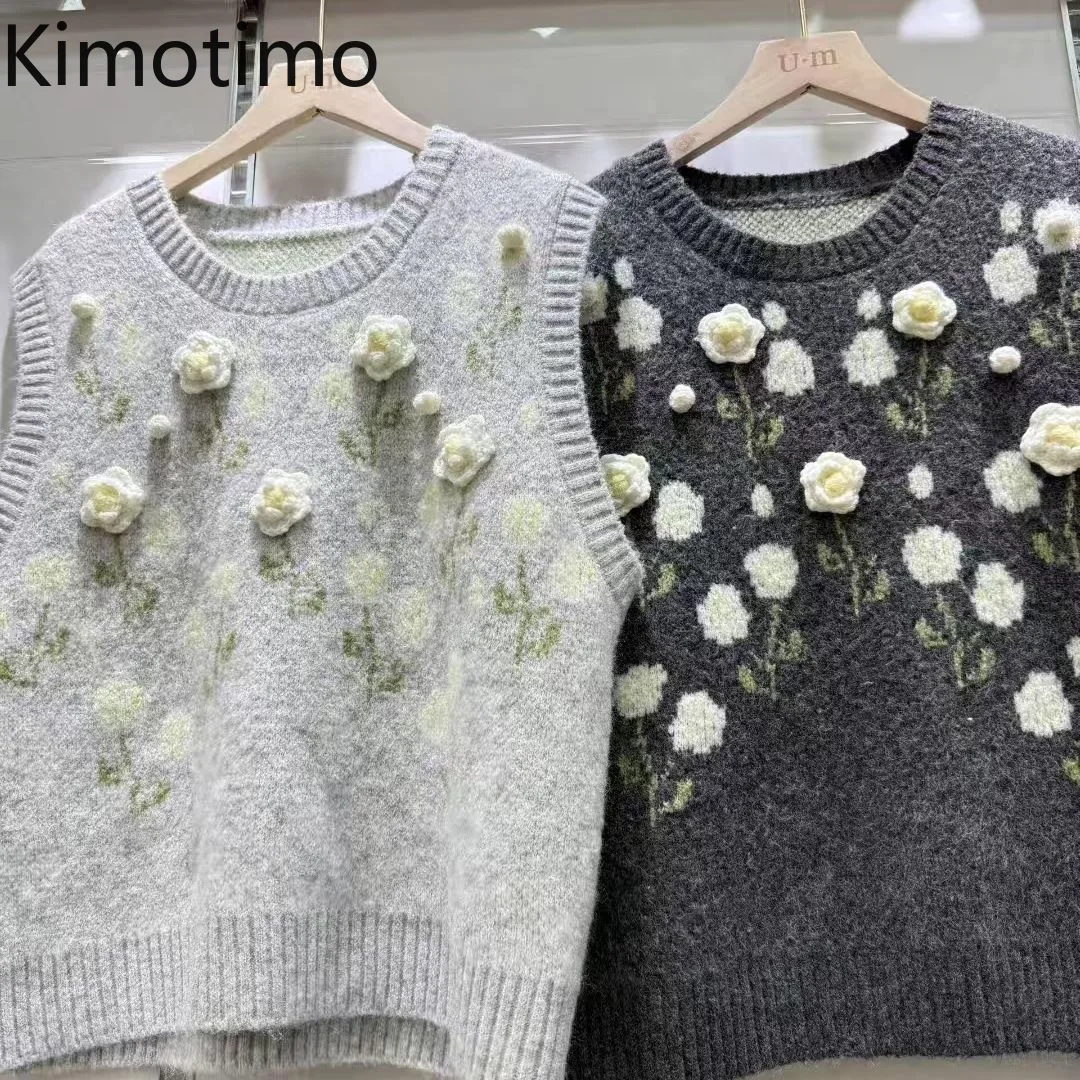 

Kimotimo Y2k модный жаккардовый вязаный жилет с 3D цветочным принтом для женщин 2022, осень-зима, винтажный свитер без рукавов с круглым вырезом, пуловер