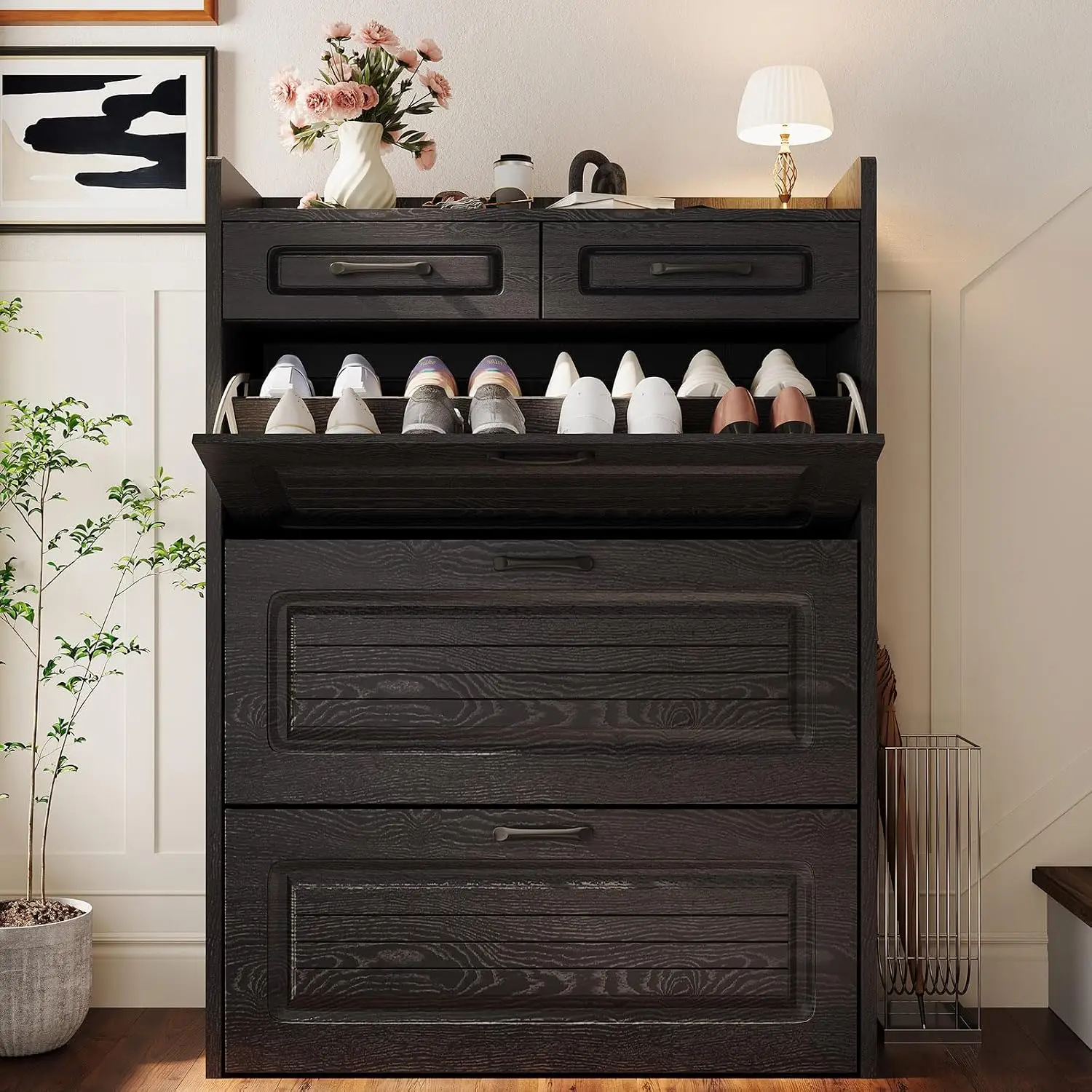 3 Flip & 2 Storage Drawers Shoe Cabinet with Adjustable Divider, Hidden Organizer for Entryway Hallway, Black, Customized