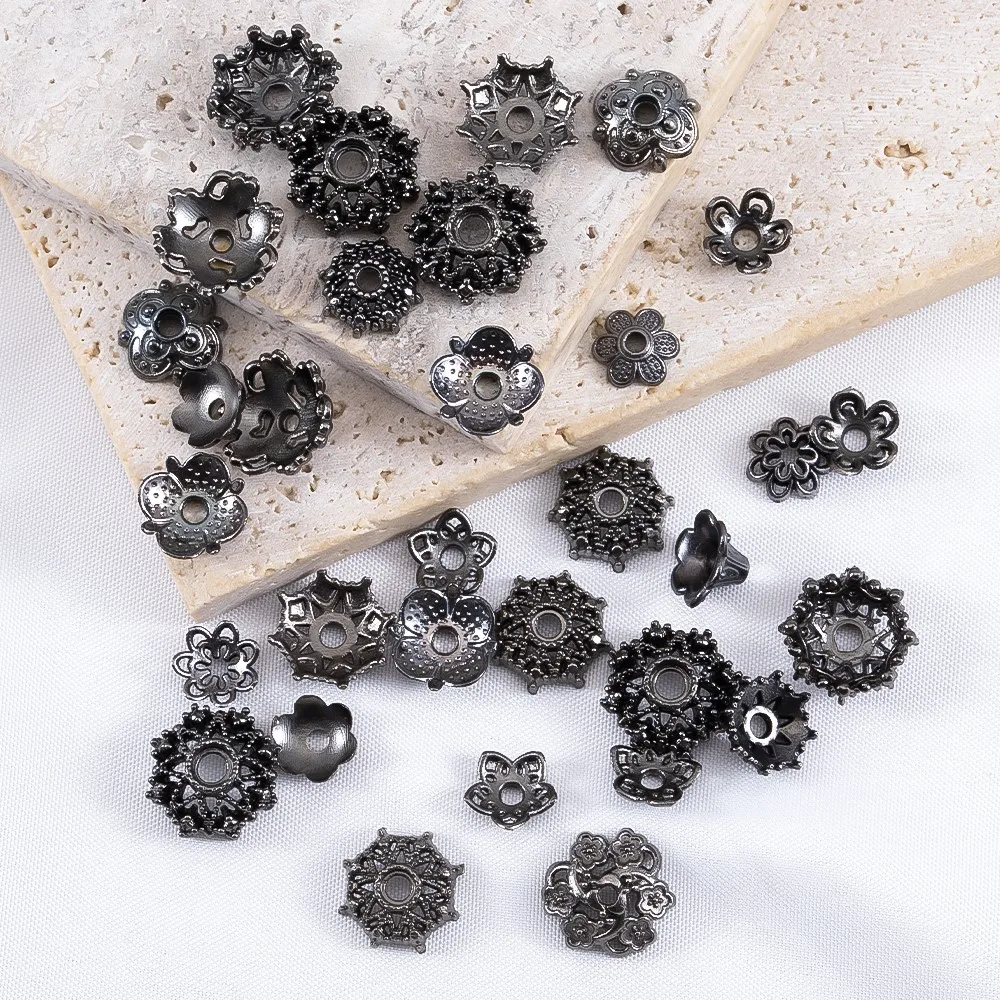 10pcs Gunblack Alloy Flower Cap Hollowed Spacers Bead Caps For DIY Bracelet Keychain Crafts Jewelry Accessories Materials - view 5