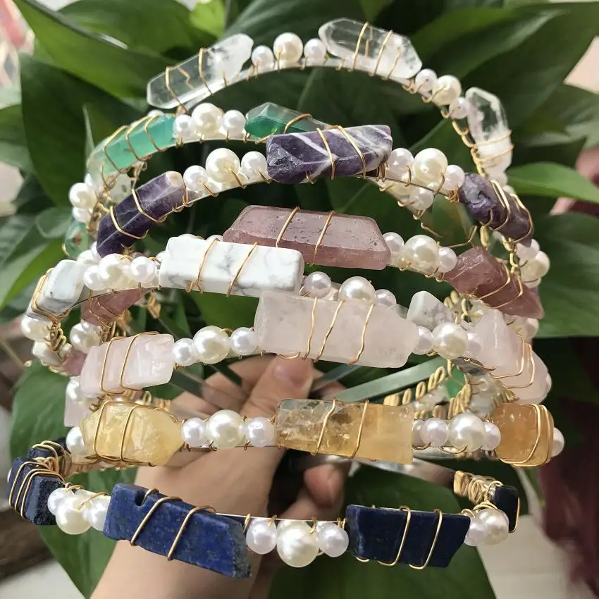 

Natural Stone Retro lady style Hairband,Brass Wire Wrapped Pearl&Crystal Lapis Slice Pastoral Women Hair Clip Jewelry QC5040
