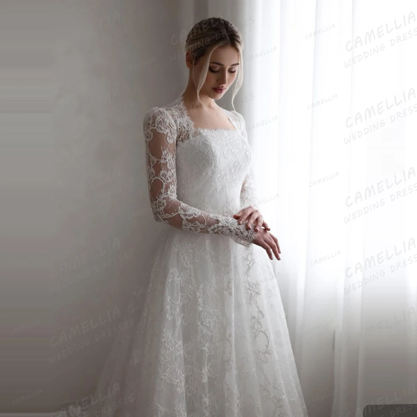 ボヘミアンレースのウェディングドレス A ライン女性のセクシーなアップリケブライダルドレスボートネック長袖エレガントな Vestidos De Novia カスタマイズ