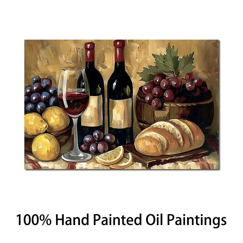 

Still Life Abstract Canvas Art Wine Bottles Fruits Handmade Oil Painting Textured Artwork Contemporary Dining Room Kitchen Decor