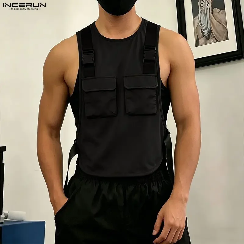 INCERUN Herren Tanktops Einfarbig O-Ausschnitt Ärmellos mit Taschen Herrenwesten Sommer Streetwear Locker 2026 Mode Lässige Herrenkleidung