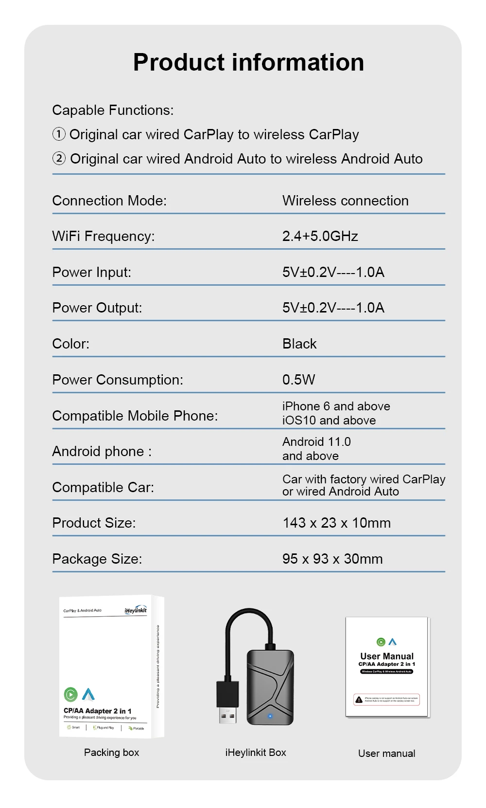 IHeylinkit Kabelloser CarPlay Android Auto Adapter 2-in-1 Smart Mini Box Plug-and-Play WiFi Schnellverbindung Universell für 98% der Automodelle – Detail 16