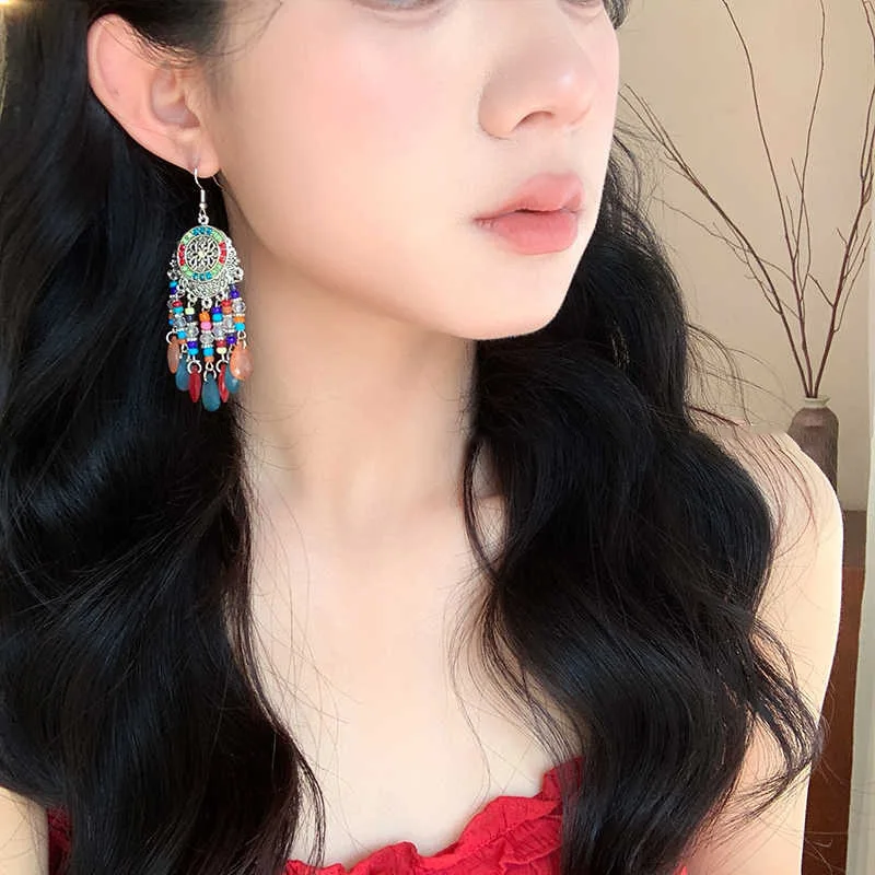 البوهيمي خمر خرز كريستالي شرابة قطرة استرخى أقراط للنساء هندسية اليدوية العرقية بيان بوهو مجوهرات الزفاف #5