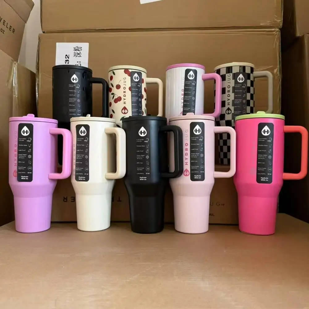 Vaso HydroJug con asa y pajita Portavasos de 32 onzas y 960 ml Compatible para viajes | Taza de coche de acero inoxidable aislada