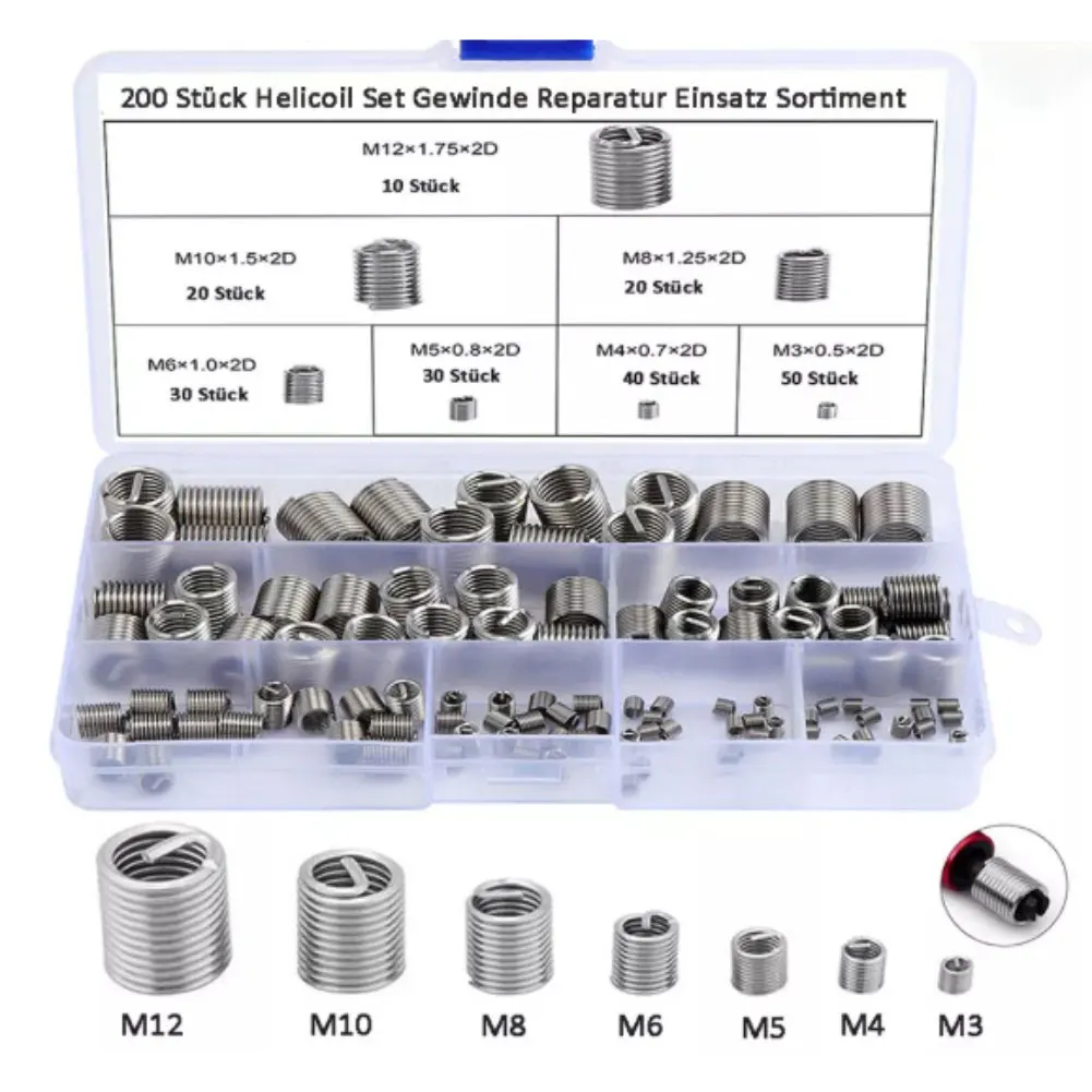 200pcs 304 Stainless Steel Wire Thread Inserts Set Wire Thread Sheaths With Different Length To Choose For Thread Repair