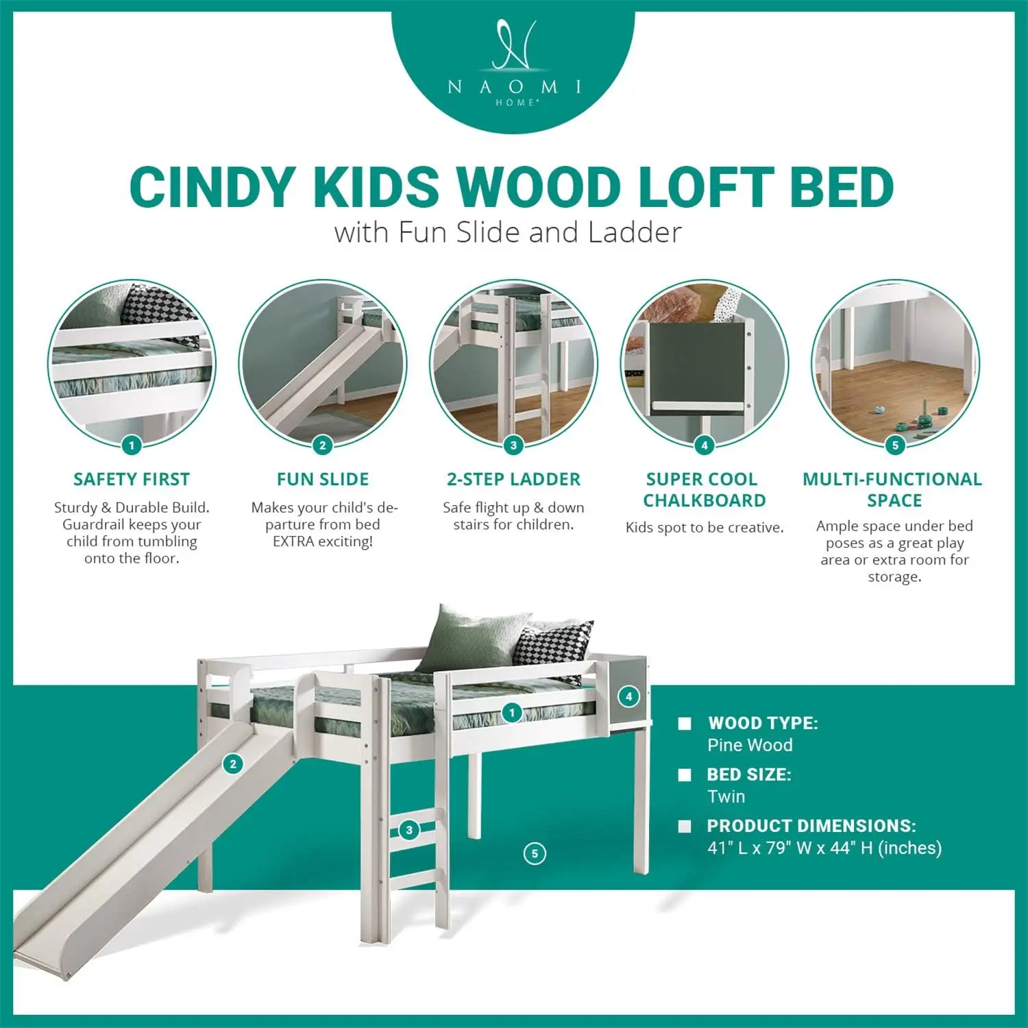 Naomi Home Cindy Kids Loft Bed With Slide, Twin Bed With Slide, Toddler Loft Bed With Slide, Slide With Ladder