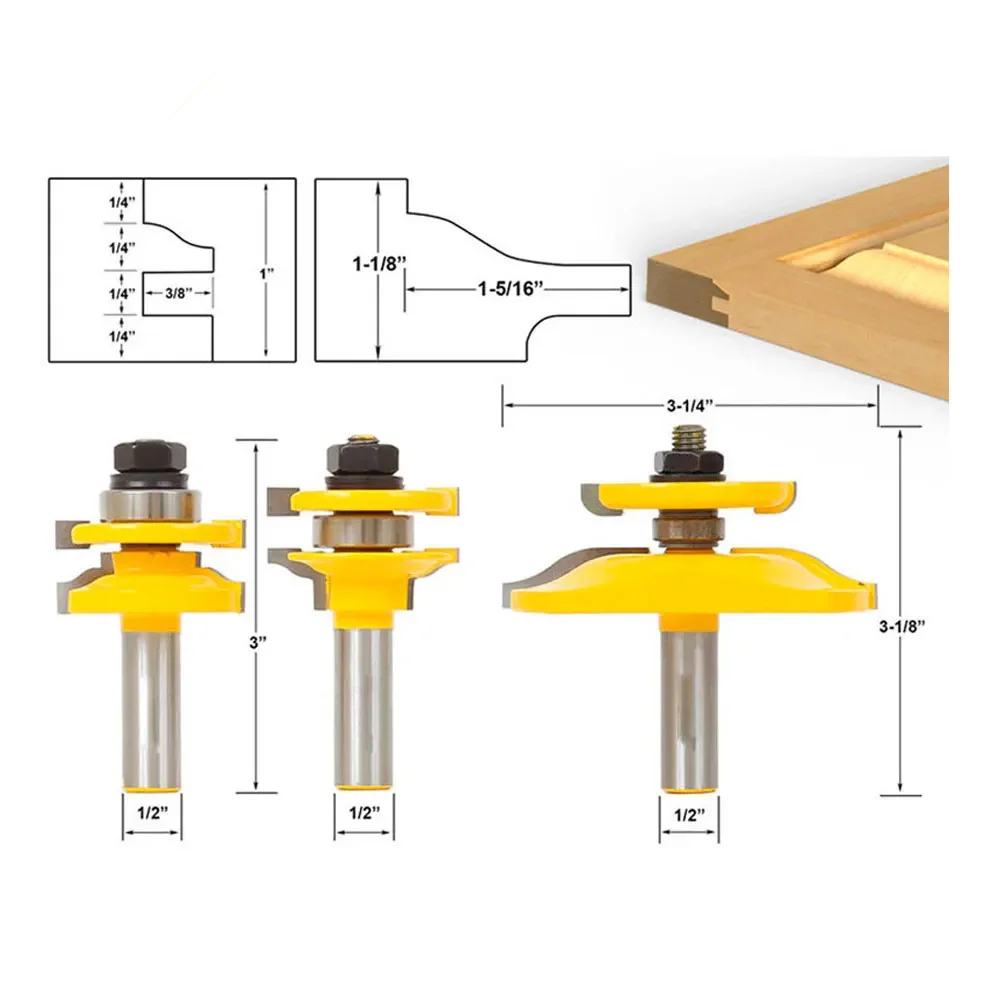 Binoax 3Pcs Bit Raised Panel Cabinet Door Router Bit Set- Bevel