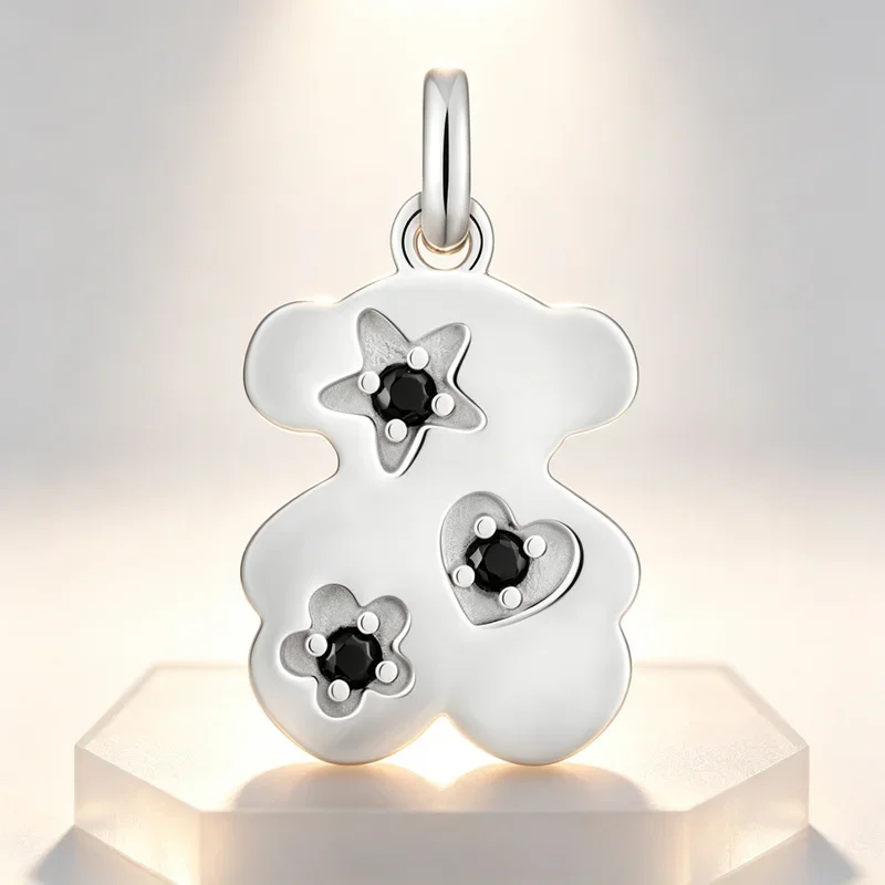 New Silver Cute Bear Pendant Necklace 16mm Black Gemstone Star Heart Flower Charm Jewelry