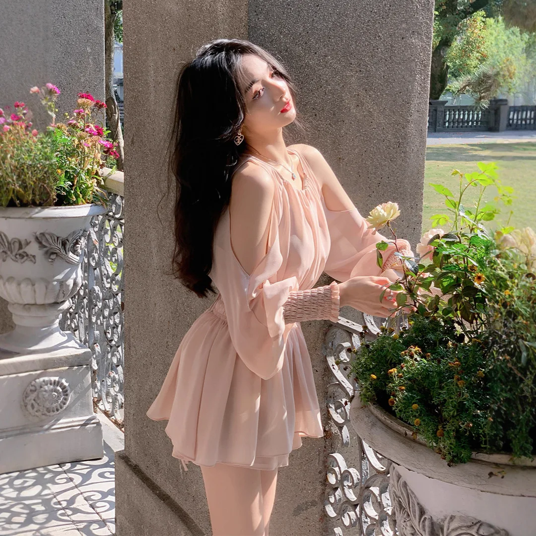 

2026 New Petite Women Two Piece Set Off Shoulder Puff Sleeve Chiffon Top High Waist Shorts Elegant Waist Slim Casual Outfit
