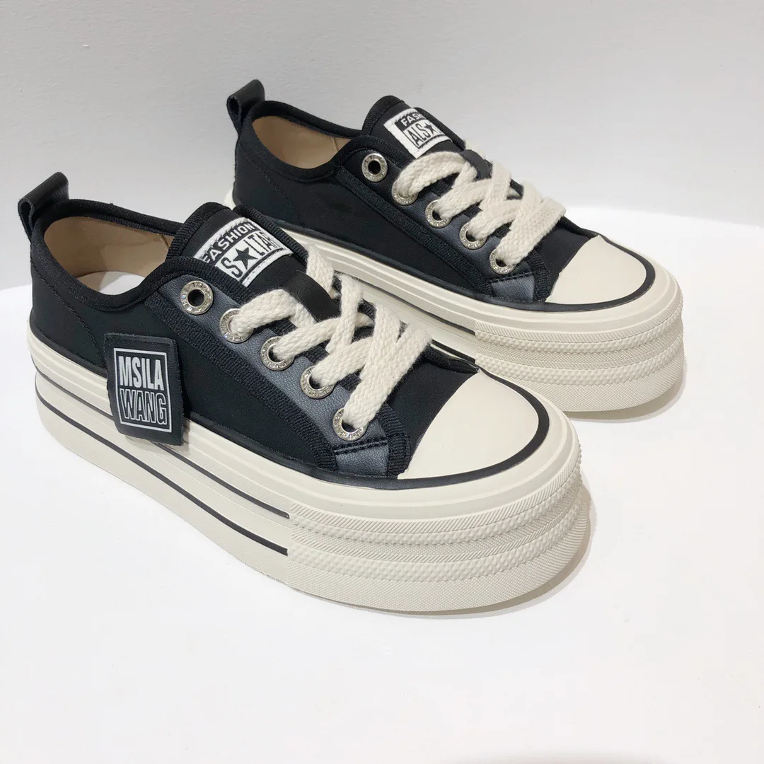 Withered Fashion Blogger High Street Retro Thick Bottom Increased Flat Casual Sneakers Women Contrast Color Canvas Shoes