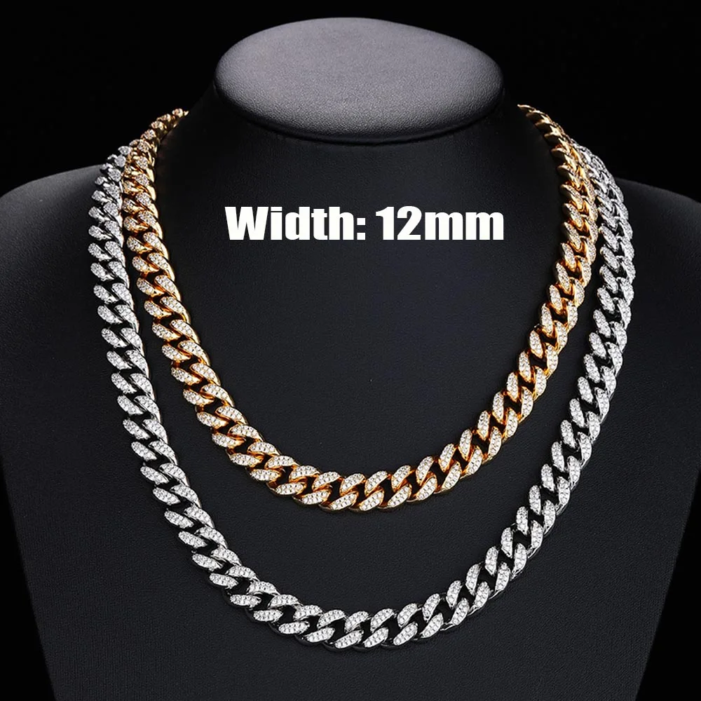 

12mm Iced Out Cuban Link Chain Hip Hop Rapper Choker Necklaces Women Men Jewelry Gifts Prong Full Diamond CZ Cuban Bubble Chain