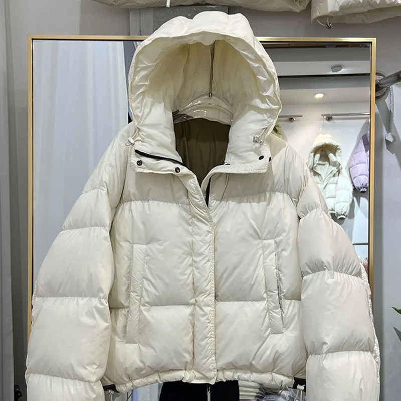 2025 New Winter Thickened Elegance Down Jackets Women Short Hooded Loose White Duck Down Solid Color Women's Down Jackets H552