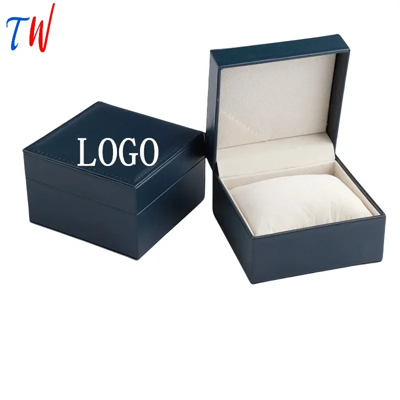 Deep Blue PU Leather Inner White Large Watch Pillow Watch Storage Case Box bracciale Jewelry Packaging Box stampa Logo personalizzato gratuito