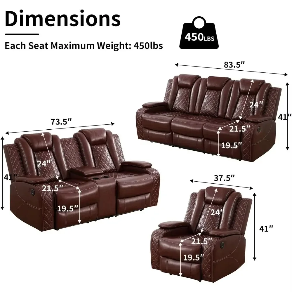 Sofa Kursi Daya Kulit dengan Lampu LED, Pengisi Daya Nirkabel/Port USB Meja Jatuh, Sofa Berbaring Ganda Daya Mewah 84"