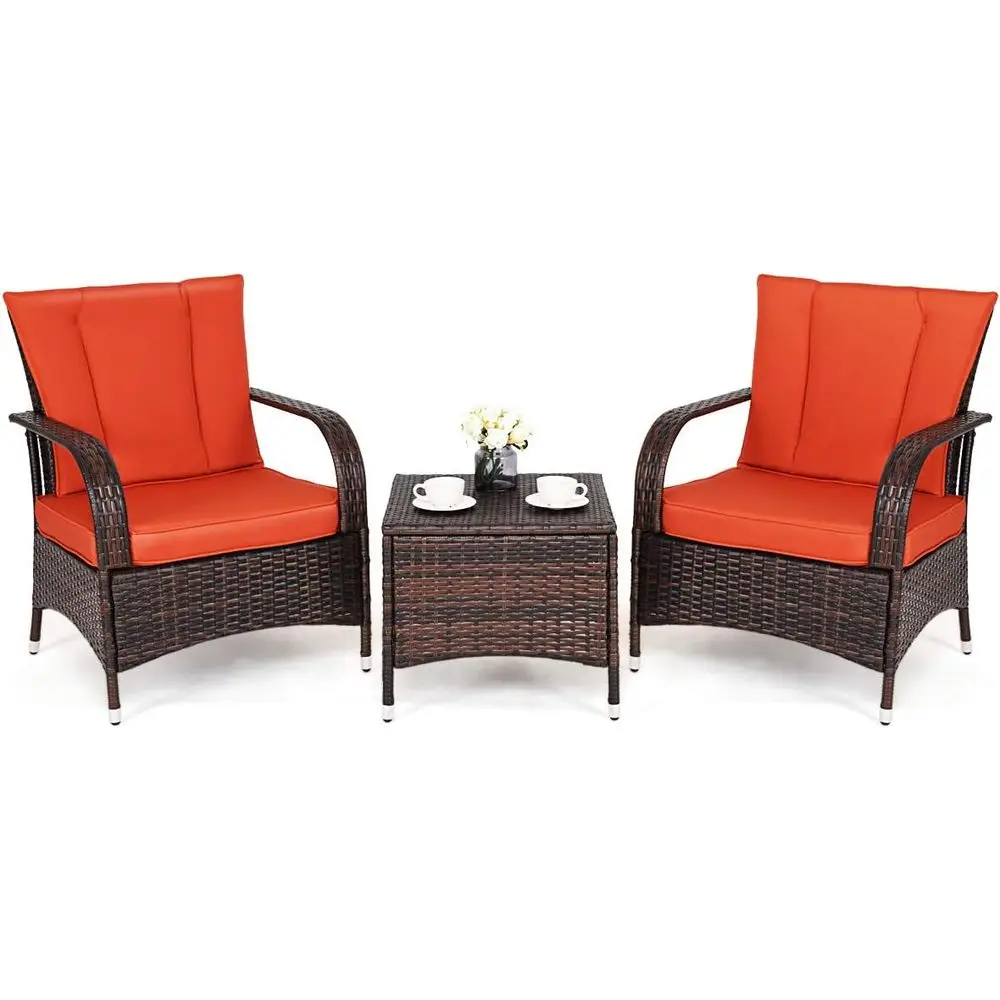 3-Piece Patio Furniture Set: 2 Wicker Chairs with Glass-Top Coffee Table, Outdoor Garden Porch Poolside Seating