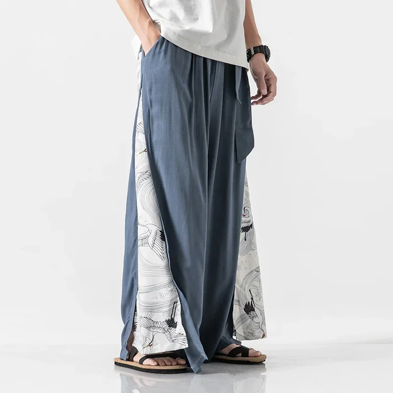 

Cotton Linen Wide Leg Pants Mens Chinese Style Patchwork Vintage Man Leisure Trousers 2021 Summer Harem Pants Male Fashion Pants