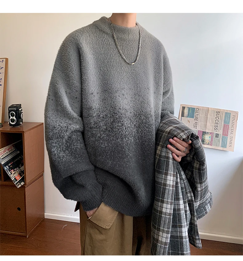 

Winter New Popular Plush Gradient Sweater Autumn High Street Casual Round Neck Knitted Sweater Men's Soft Lazy Pullover