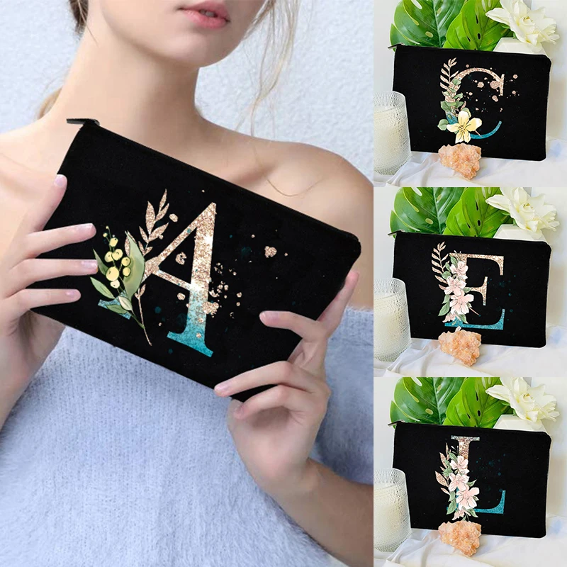 gradient Color Initial A-Z Makeup Bag with Zipper Aesthetic Black Toilet Pouch Travel Cute Cosmetic Bag for Bride Storage Clutch