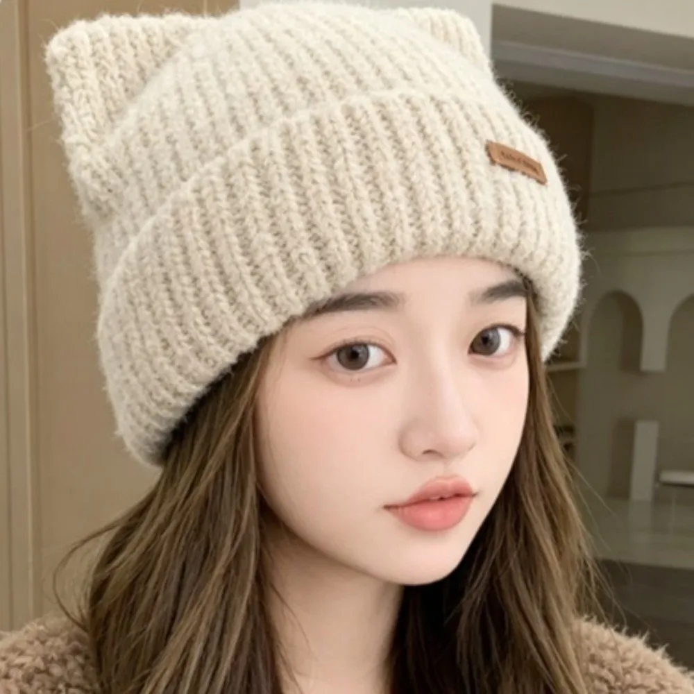 Cute Solid Color Cat Ear Beanie Soft Warm Cat Ear Ribbed Knit Cap Windproof Women Knit Beanie Casual Streetwear