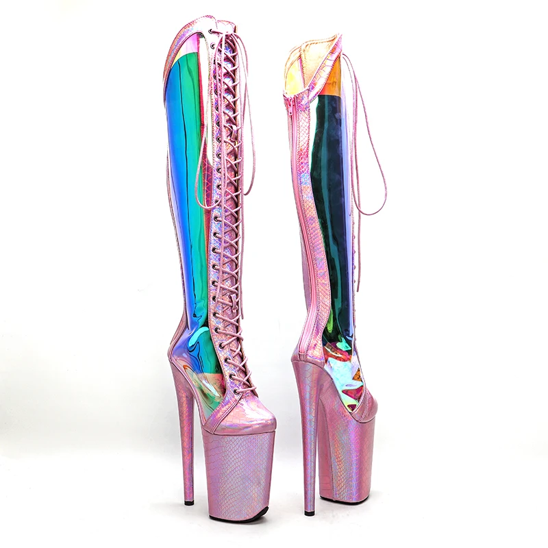 Leecabe-Botas holográficas de serpiente para mujer, calzado con plataforma de tacón alto, color rosa, 23CM/9 pulgadas