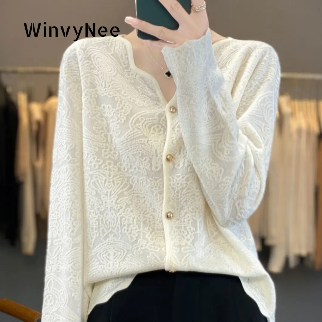 

WinvyNee Women's Spring Fashion Cardigan Worsted Wool Organza Jacquard V Neck Elegant Design Soft Knitted Outwear ZB1047026