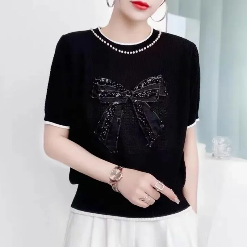 Fashion O-Neck Spliced All-match Bow Beading Blouse Female Clothing 2023 Summer New Casual Pullovers Tops Loose Commute Shirt