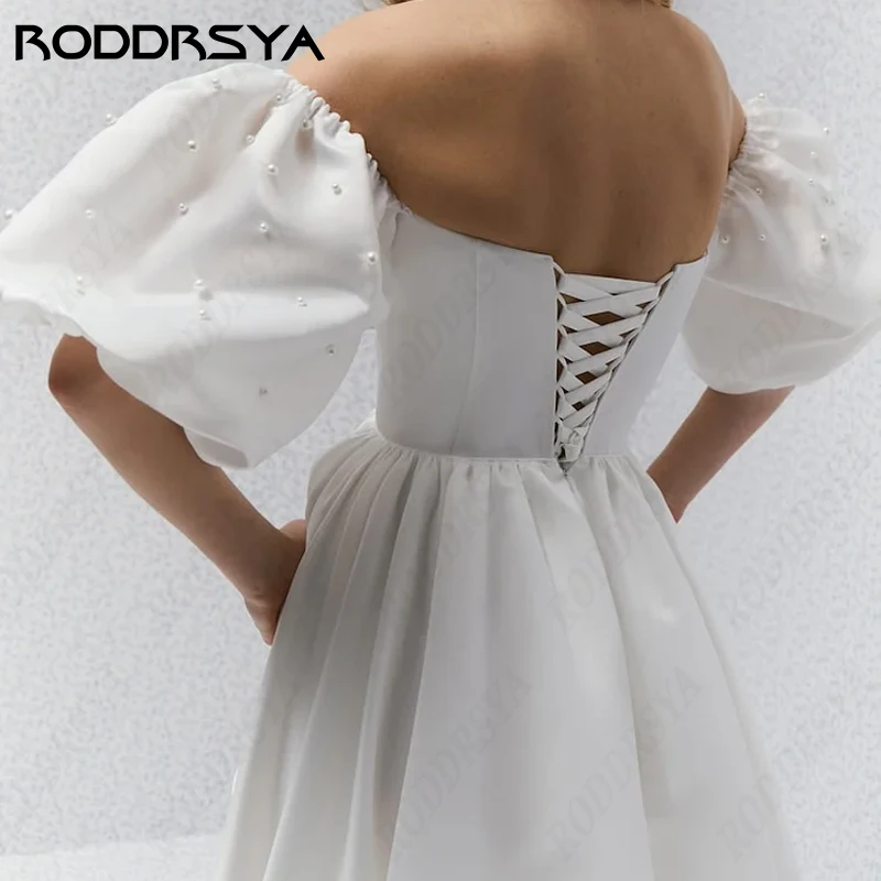 RODDRSYA Mini Wedding Dresses Strapless Puff Short Sleeves Pearl Suknia ślubna Simple Soft Satin Lace Up Backless Bridal Party