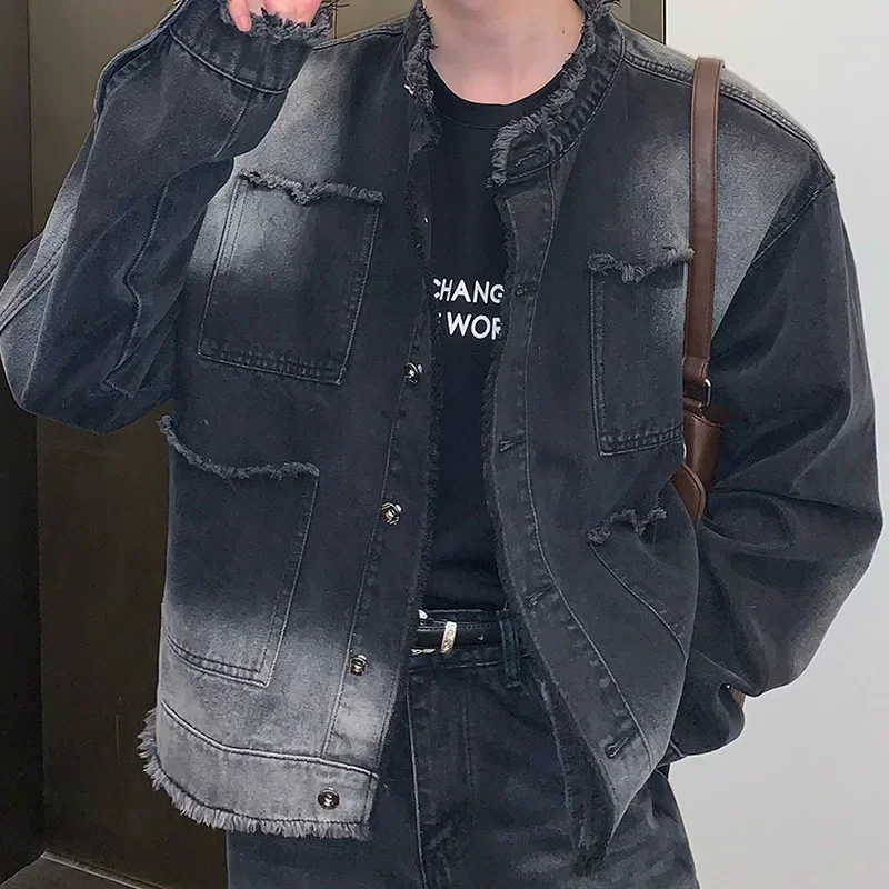Koreanischen Stil Do Old Rough Edge Mode Herren High Street Denim Jacke Lose Nische Design Casual Waschen Retro Farbverlauf Jacke