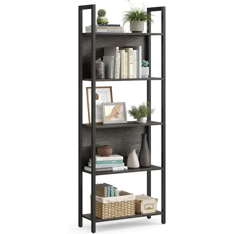 

5-Tier Bookshelf, Book Shelf, Industrial Bookcase, with Steel Frame, for Living Room, Home Office, 9.4 x 24.4 x 65 Inches,