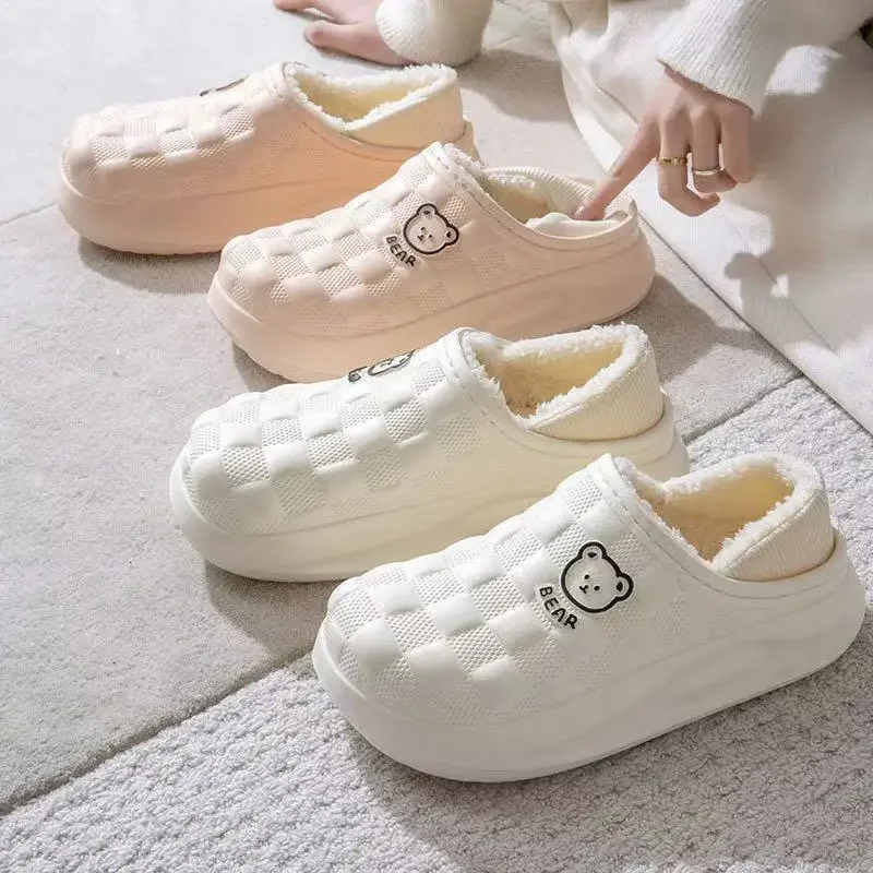 

Winter Cute Bear Cotton Slippers Women Warm Heel Shoes Indoor Home Casual Outdoor Garden Non Slip Push Thickening Couple Shoes