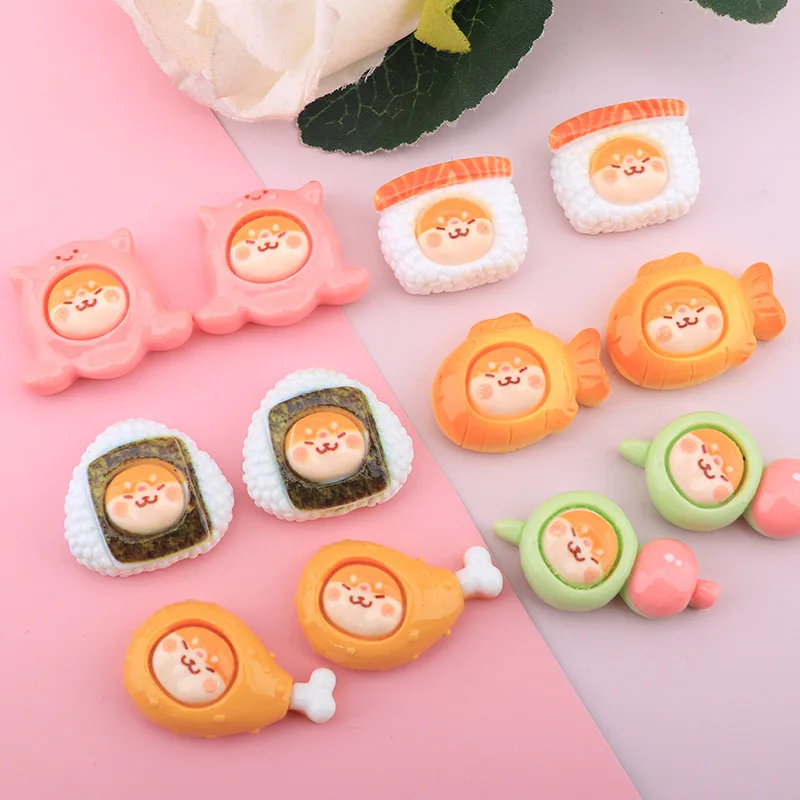 10Pcs Cartoon Dog Sushi Fish Flatback Resin Cabochon Scrapbooking Accessories Simulation Food Toy Craft Supplies DIY Phone Patch