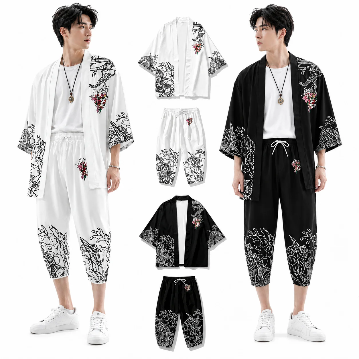 2026 Mens Kimono Set Samurai Style Japanese Outfit Katana Wave Floral Print Open Front Cardigan Cropped Pants Streetwear Summer