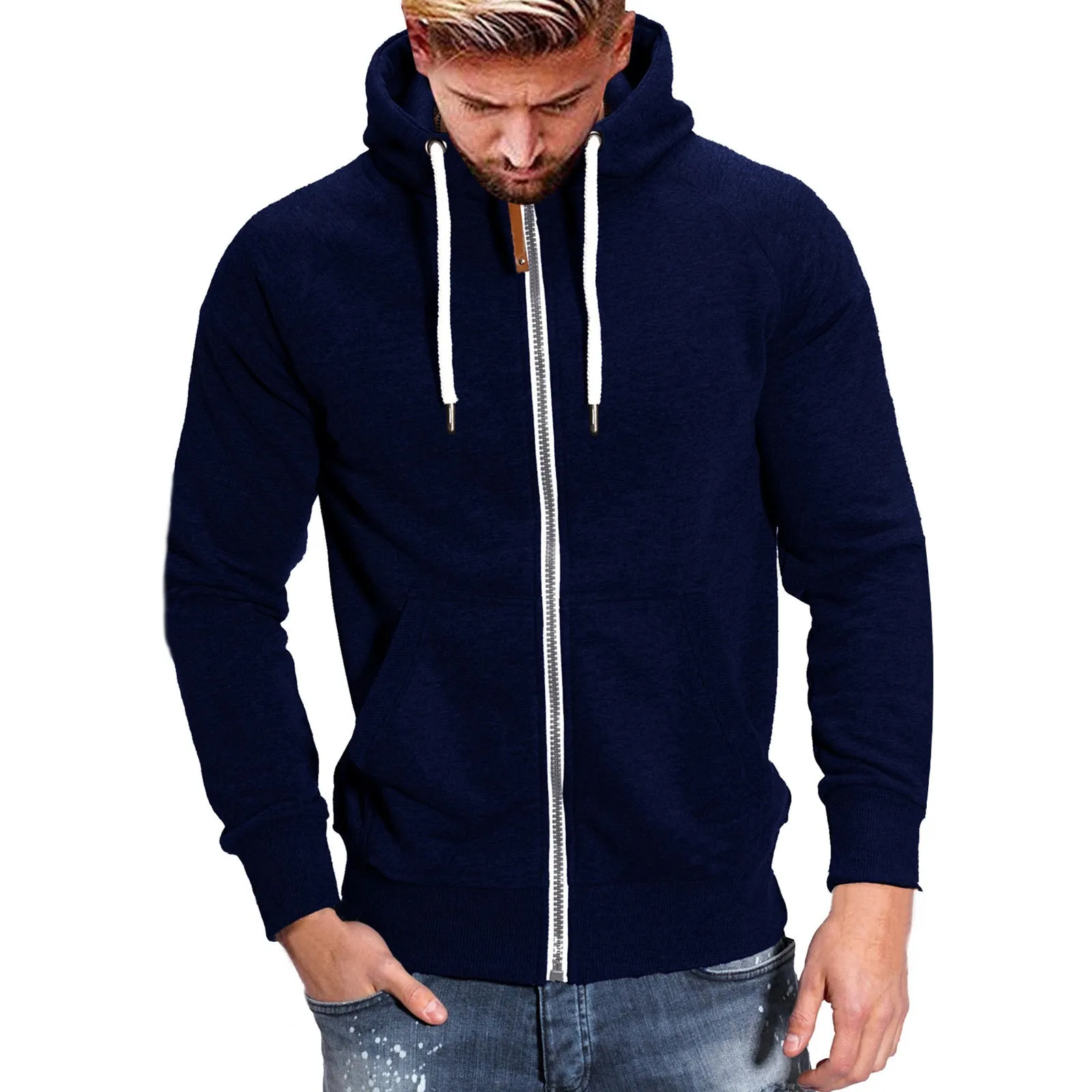 

Mens Zip Up Hoodie Autumn Winter Solid Color Hooded Drawstring Cardigans Fitness Pockets Outdoor Sports Basic Sweatshirts Male