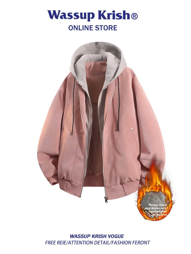 

Wassup Kri мужское розовое кожаное пальто с капюшоном на подкладке Fce, повседневное ветрозащитное пальто с капюшоном и застежкой-молнией на осень...