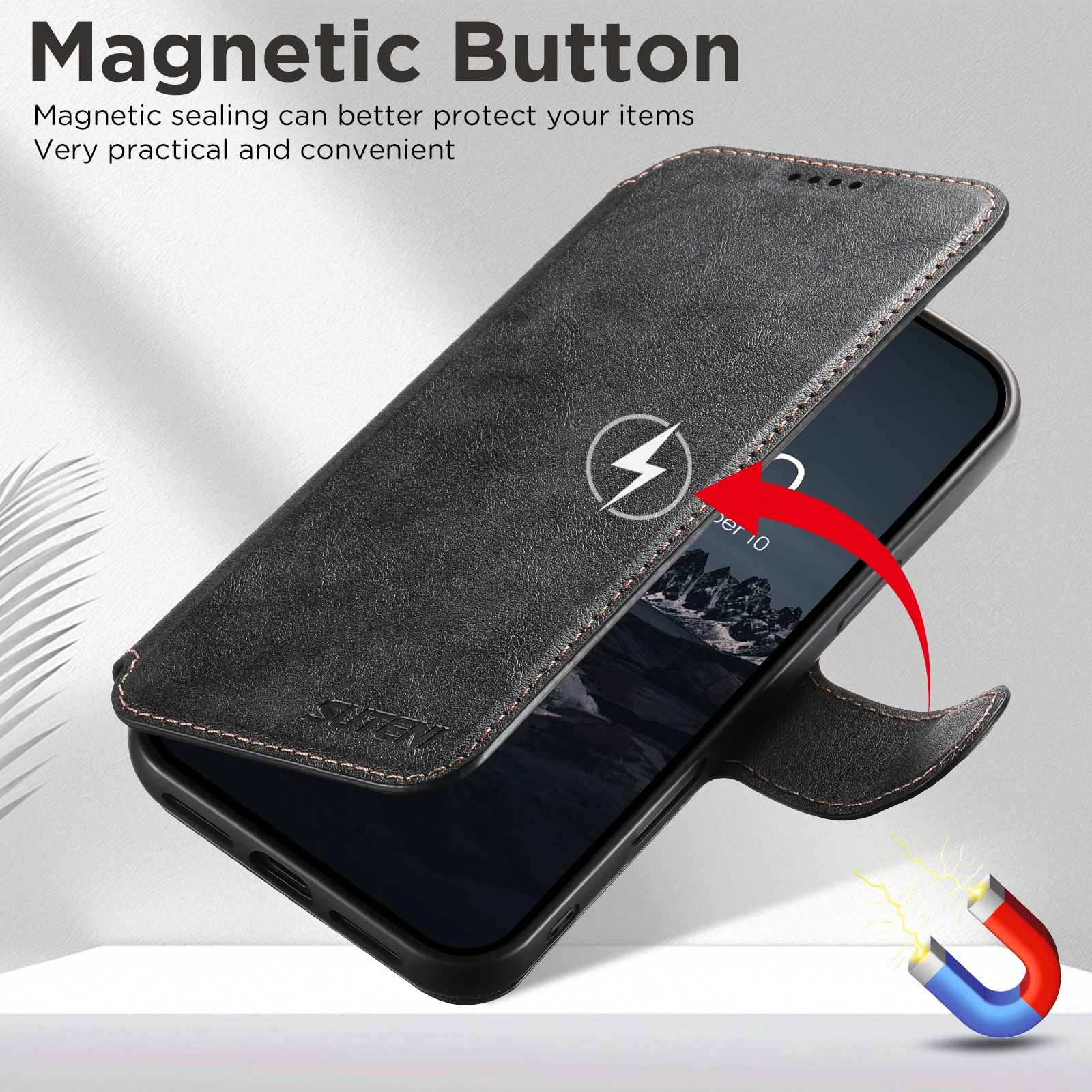 SUTENI Kunstleder Kabelloses Ladegerät Kartenhalter Ständer Brieftasche Magnetische Klapphülle Handyhülle für iPhone 18 Pro Max 17 16 15 14 – Detail 17
