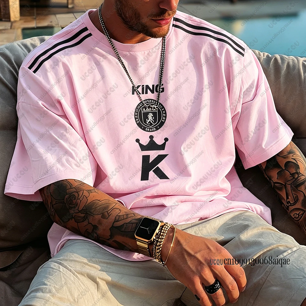 The King Letter Print Pink T-shirts For Men Summer Loose Sports Short Sleeve Tshirt Casual O-neck Streetwear Man Football Shirts