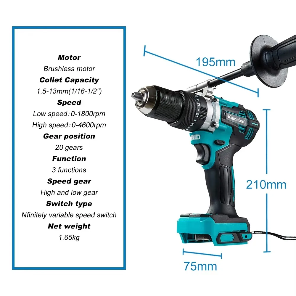 Kamolee 650N.m High Torque Brushless Electric Impact Drill 3-in-1 18V-21V Battery 13mm Handheld Cordless Screwdriver Tool Set