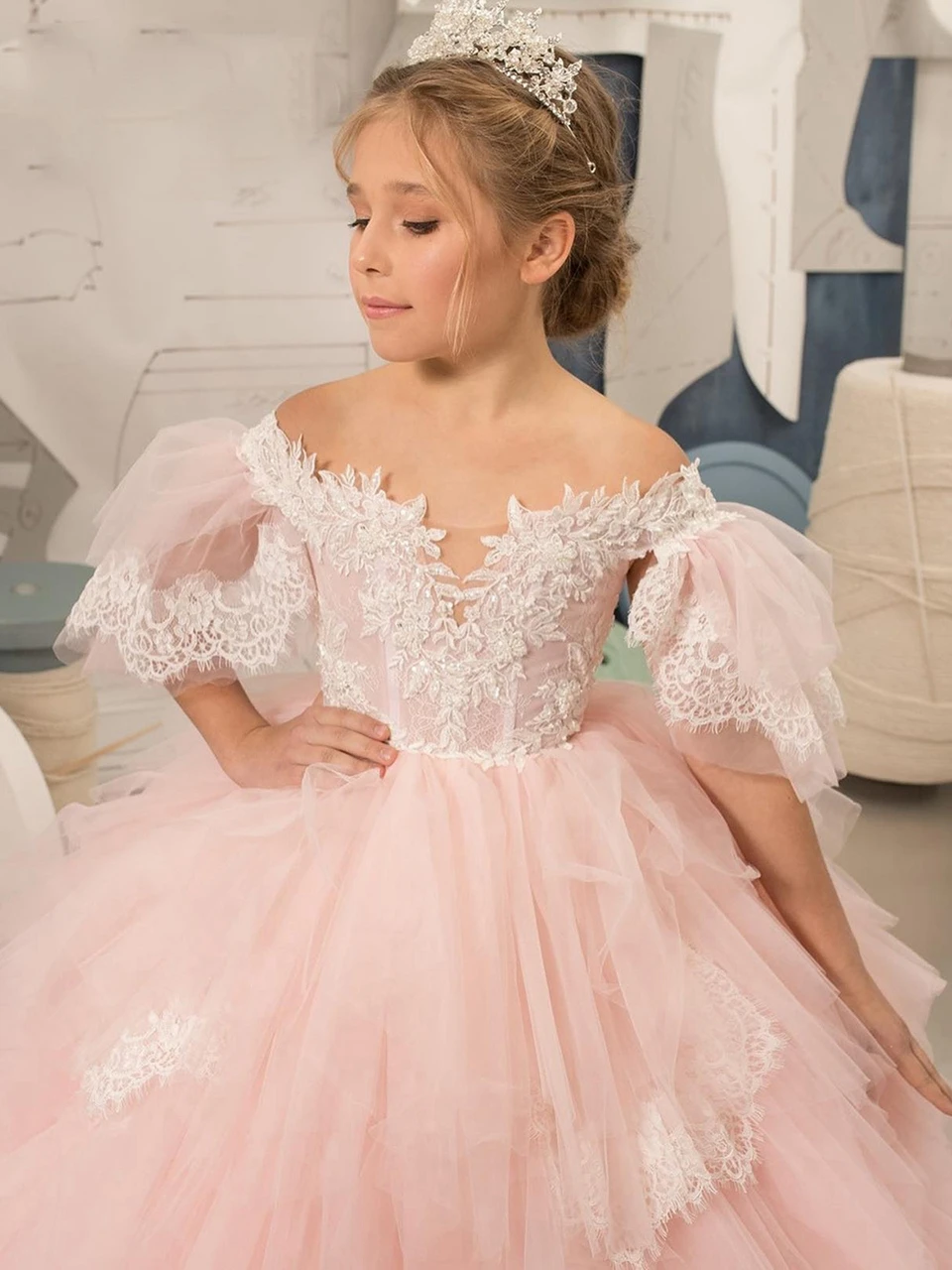 Vestido de princesa rosa con mangas abullonadas, vestidos de flores para niña, bata de boda, vestidos de primera comunión, vestidos de fiesta