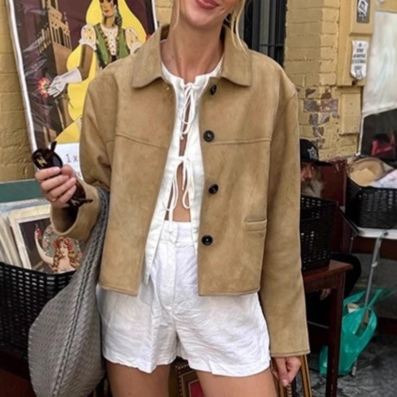 

Женская куртка осенью 2025, новая женская куртка цвета хаки с лацканами для поездок на работу