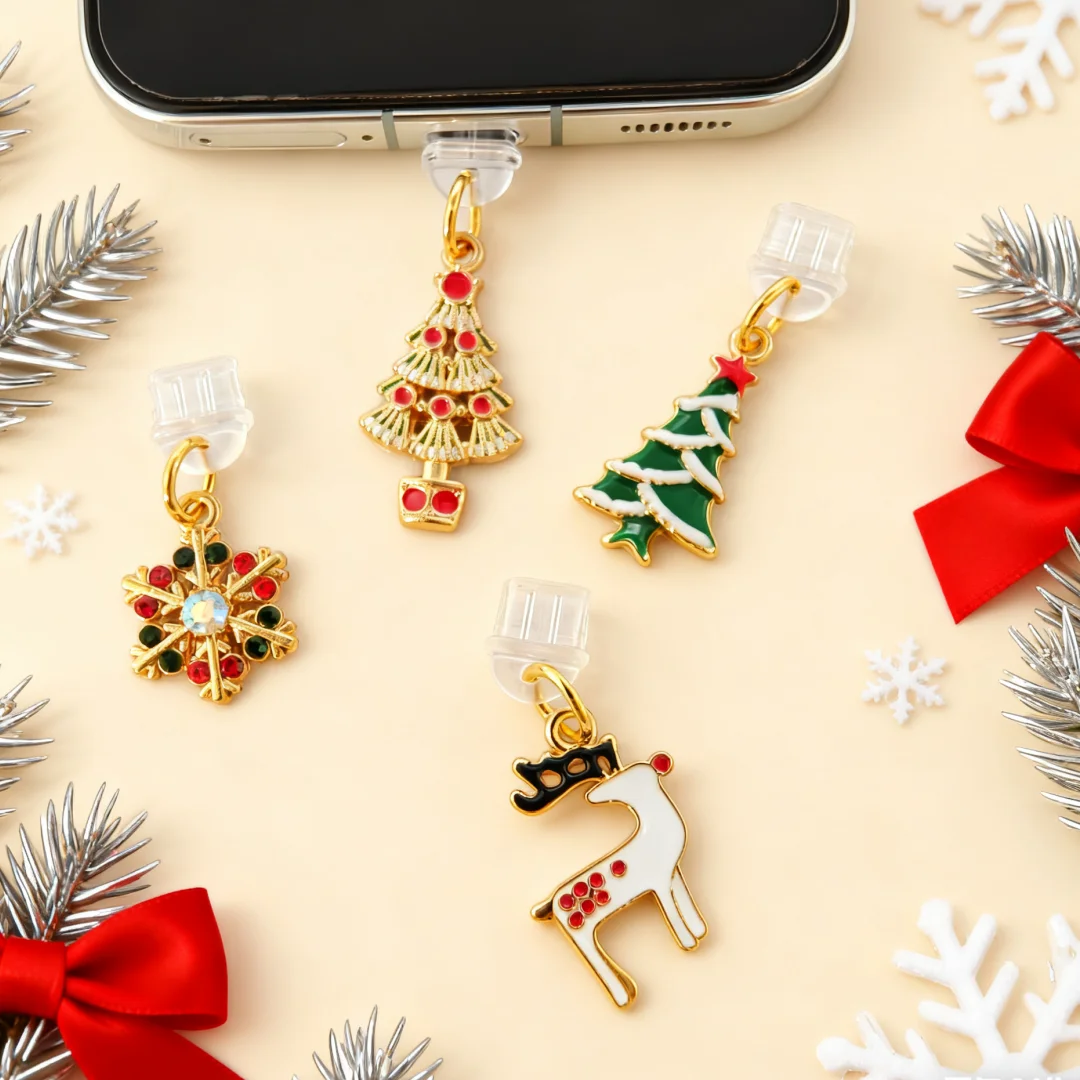 

4 Christmas-Themed Phone Dust Plugs, Featuring Snowflakes, Two Types of Christmas Trees, and Cute Deer Designs in Various Styles, Perfect for Christmas Gifts to Family, Friends, and for a Joyful Christmas Party on Your Phone