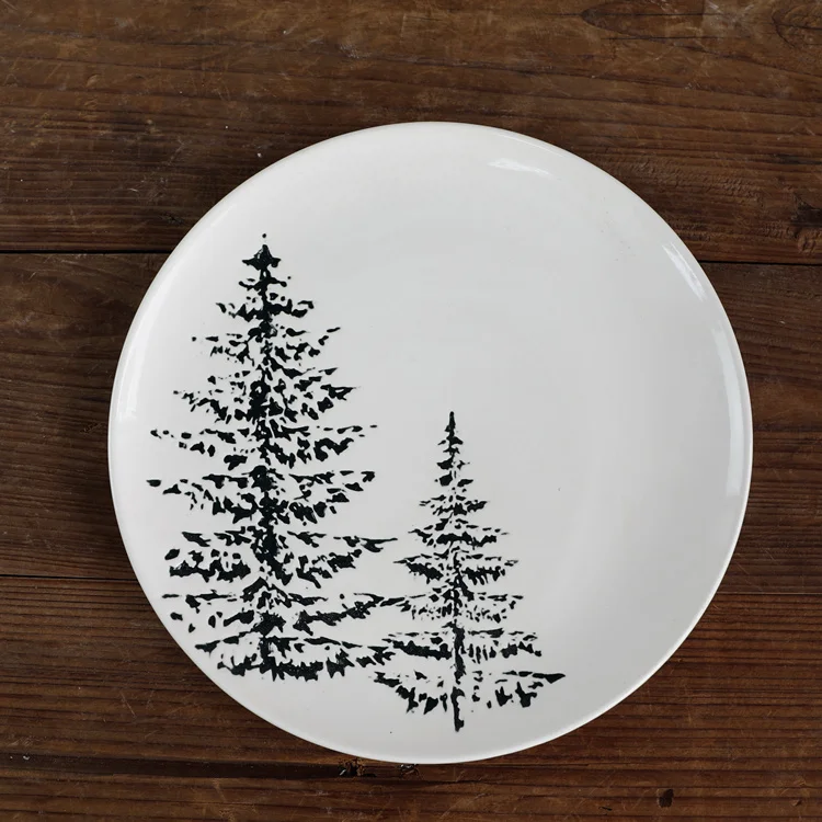 

Small fresh and upright cedar landscape Christmas style ceramic tableware flat plate deep plate cup underglaze color relief