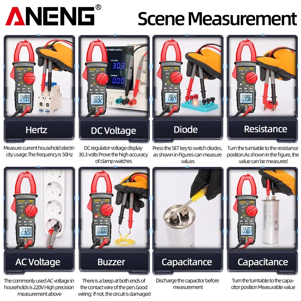 Imagem -04 - Digital Clamp Meter Multímetro 4000 Contagem Tensão ac dc Amperímetro Tester hz Capacitância Ncv Ohm Test Tools Aneng-st182