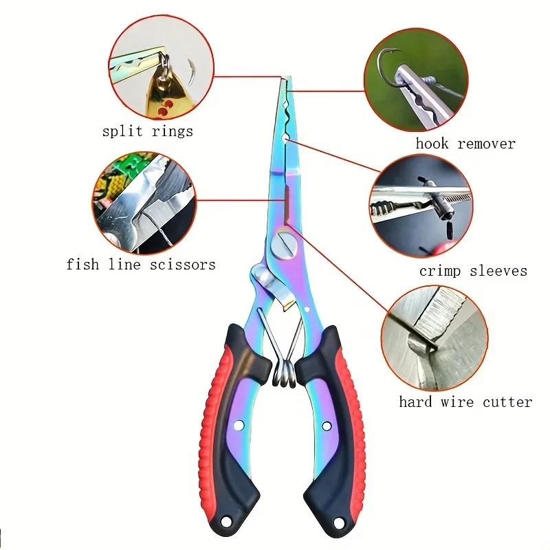 MultiFunction Fishing Pliers Anti-slip Lure Pliers Color Titanium Gripper Stainless Steel Hooks Cutters Sheath Lanyard Included