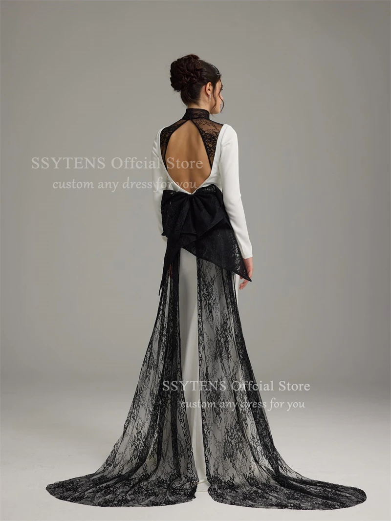 Sukienki wieczorowe SSYTENS czarno-białe, z wysokim dekoltem, seksowne, typu syrena, na galę, z odkrytymi plecami, na specjalne okazje, suknie balowe, szyte na miarę.